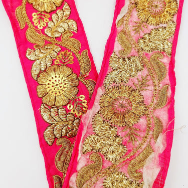 Fuchsia Pink Art Silk Trim In Gold Floral Embroidery, Gold Embroidered Flowers Border, Floral Trim